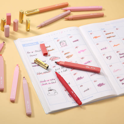 Aesthetic Highlighters and Ballpoint Pens No Bleed, 12 Pack