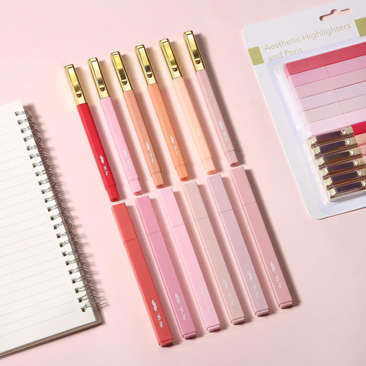 Aesthetic Highlighters and Ballpoint Pens No Bleed, 12 Pack