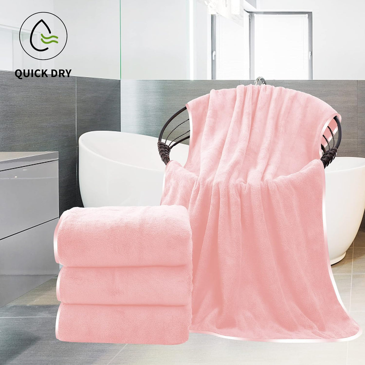 Microfiber 4 Pack Bath Towel Set, Lightweight and Quick Drying, Ultra Soft Highly Absorbent Towels for Bathroom, Gym, Hotel, Beach and Spa (Pink)