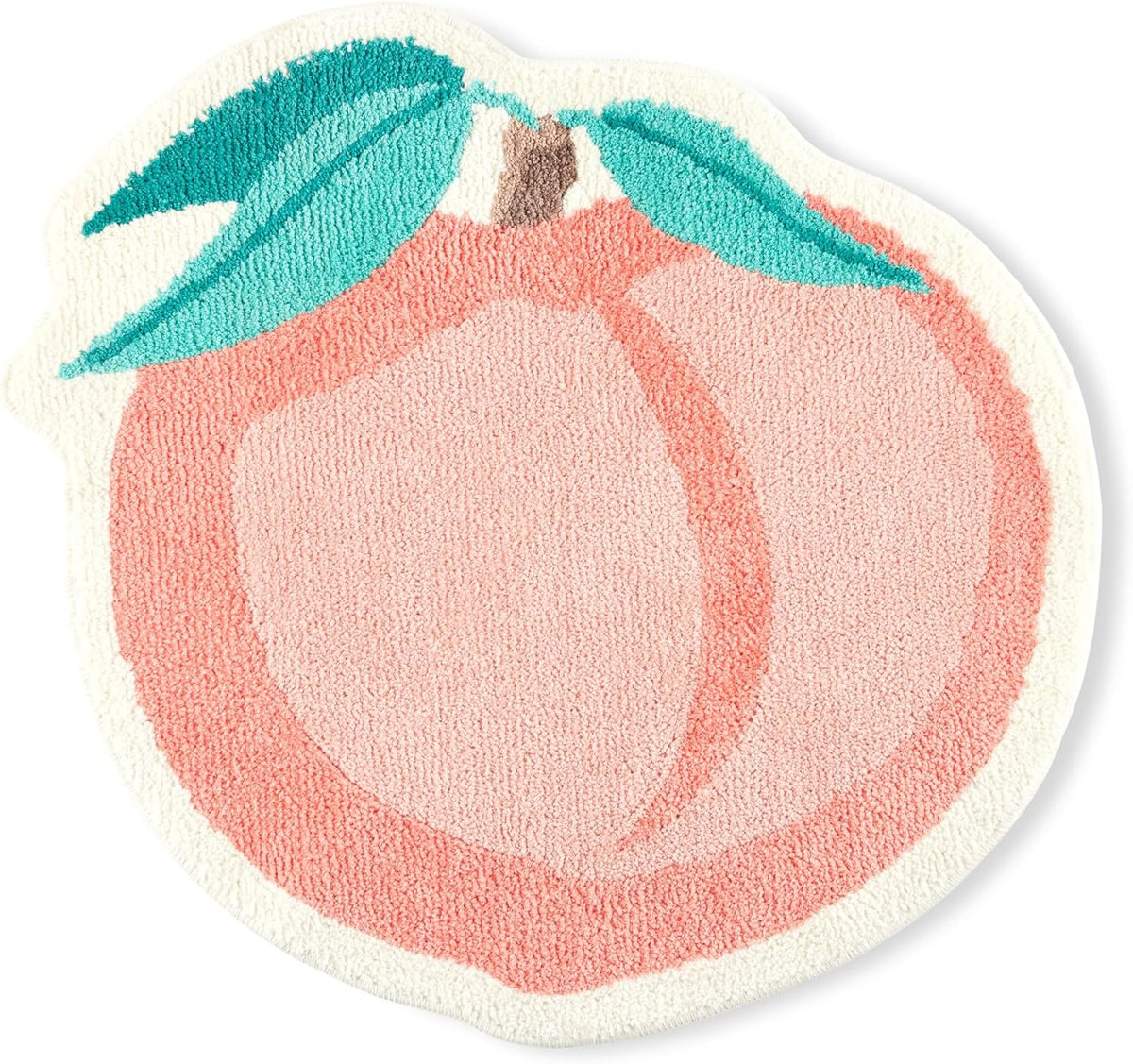 TOWN & COUNTRY PLAY Peachy Clean Peach Fruit Shaped Bath Mat, Absorbent Tufted Floor Mat, Non-Slip Backing, Machine Washable, Peach/Green, 30.3"x29.5"