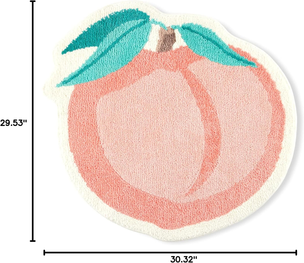 TOWN & COUNTRY PLAY Peachy Clean Peach Fruit Shaped Bath Mat, Absorbent Tufted Floor Mat, Non-Slip Backing, Machine Washable, Peach/Green, 30.3"x29.5"