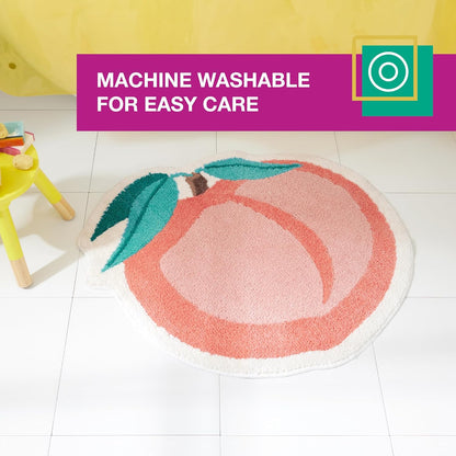TOWN & COUNTRY PLAY Peachy Clean Peach Fruit Shaped Bath Mat, Absorbent Tufted Floor Mat, Non-Slip Backing, Machine Washable, Peach/Green, 30.3"x29.5"