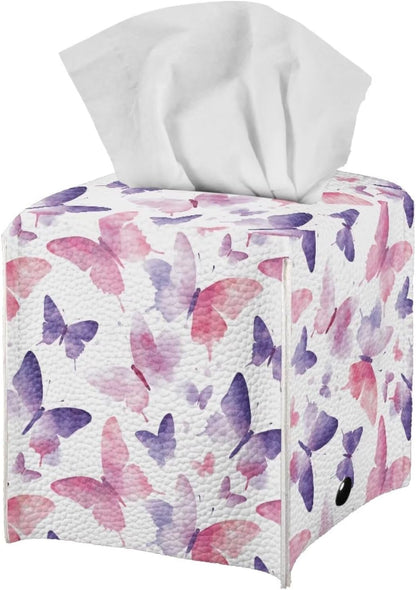Tissue Box Holder Square Novelty Box Cover Facial White Tissue Box Covers Cube Napkin Organizer Dispenser for Bedroom Office Bathroom Decor, Pink Purple Butterfly Print