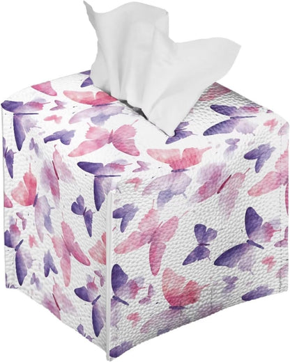 Tissue Box Holder Square Novelty Box Cover Facial White Tissue Box Covers Cube Napkin Organizer Dispenser for Bedroom Office Bathroom Decor, Pink Purple Butterfly Print