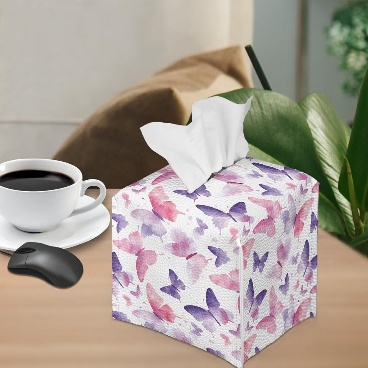 Tissue Box Holder Square Novelty Box Cover Facial White Tissue Box Covers Cube Napkin Organizer Dispenser for Bedroom Office Bathroom Decor, Pink Purple Butterfly Print