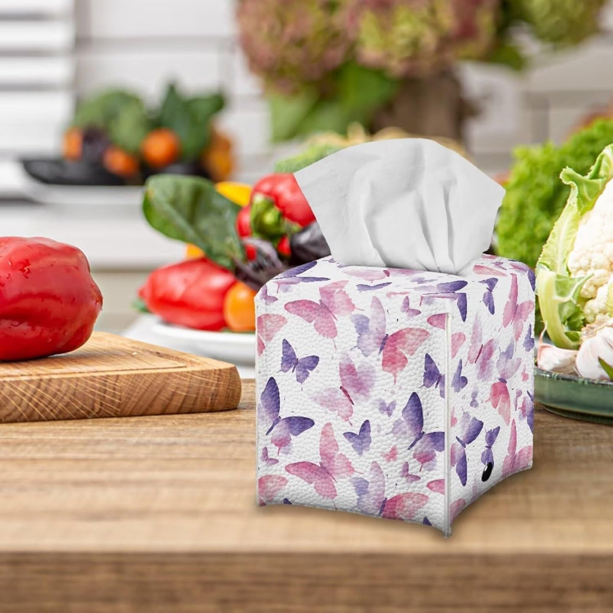 Tissue Box Holder Square Novelty Box Cover Facial White Tissue Box Covers Cube Napkin Organizer Dispenser for Bedroom Office Bathroom Decor, Pink Purple Butterfly Print