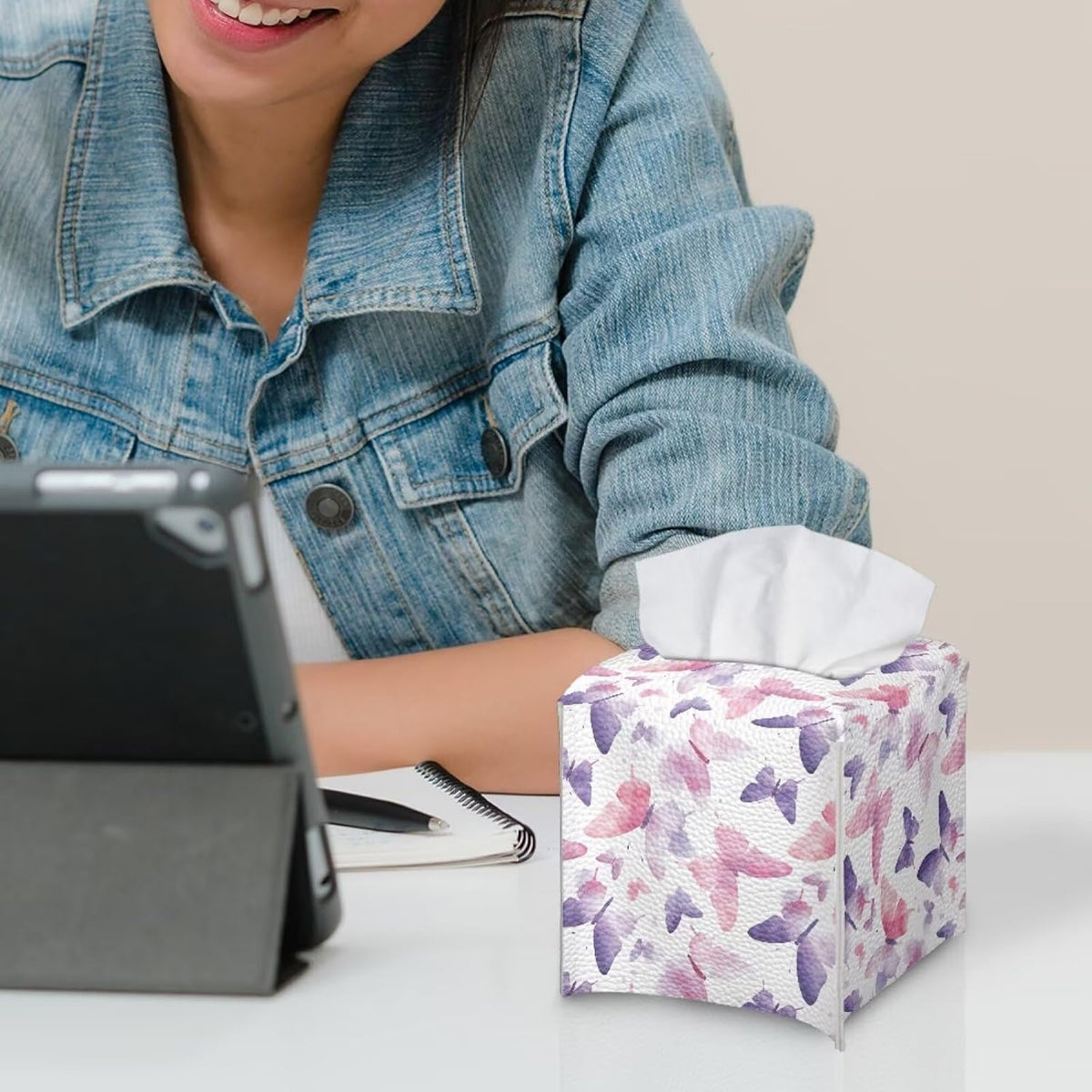 Tissue Box Holder Square Novelty Box Cover Facial White Tissue Box Covers Cube Napkin Organizer Dispenser for Bedroom Office Bathroom Decor, Pink Purple Butterfly Print