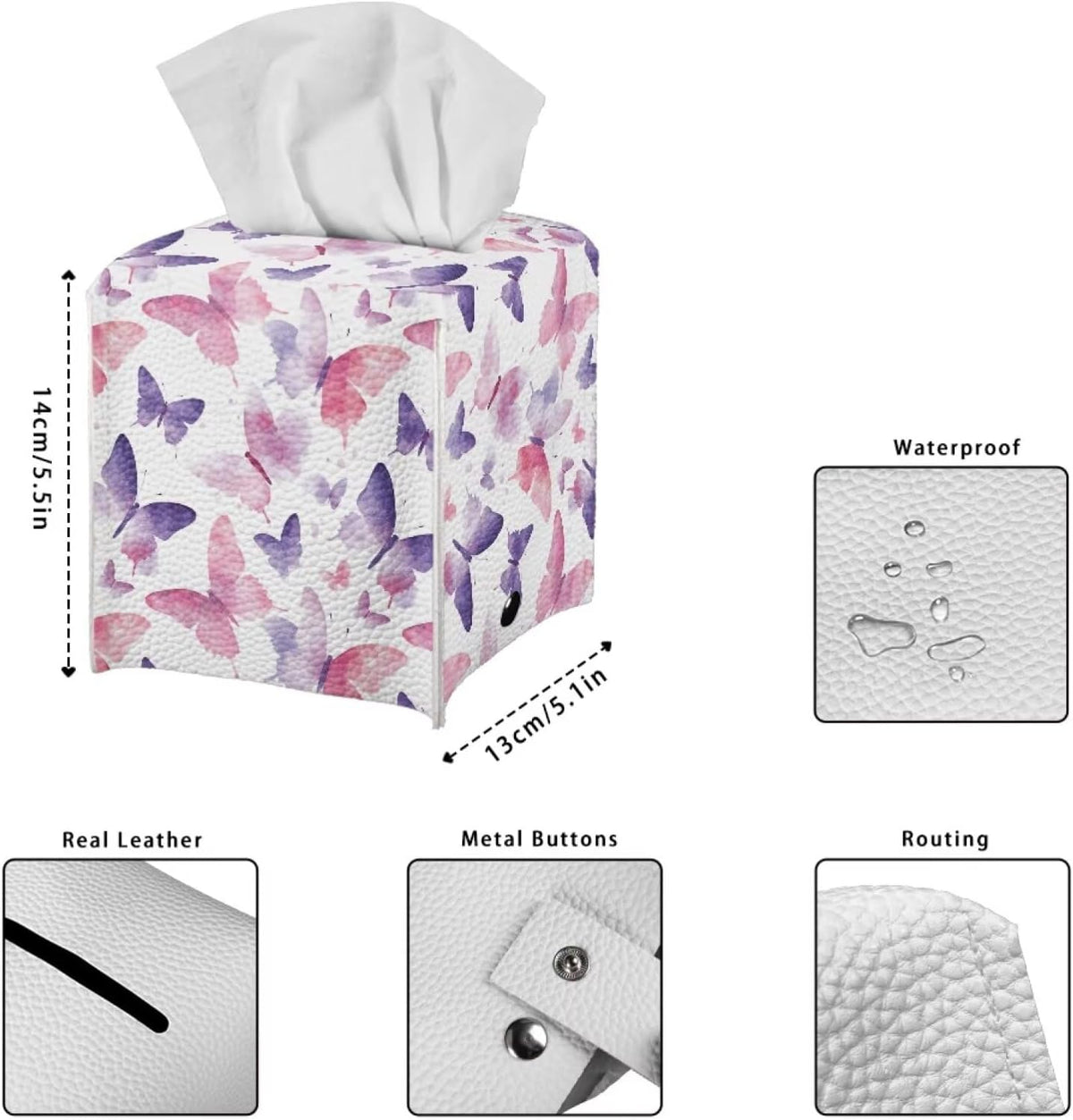 Tissue Box Holder Square Novelty Box Cover Facial White Tissue Box Covers Cube Napkin Organizer Dispenser for Bedroom Office Bathroom Decor, Pink Purple Butterfly Print