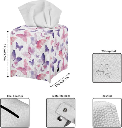 Tissue Box Holder Square Novelty Box Cover Facial White Tissue Box Covers Cube Napkin Organizer Dispenser for Bedroom Office Bathroom Decor, Pink Purple Butterfly Print