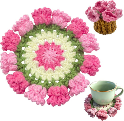 Pink Flower Crochet Coasters, Handmade Bouquet Blanket Coaster with Crochet Plant Pot Fun Soft Decorative Drink Coasters for Coffee Tabletop Protection and Home Decor