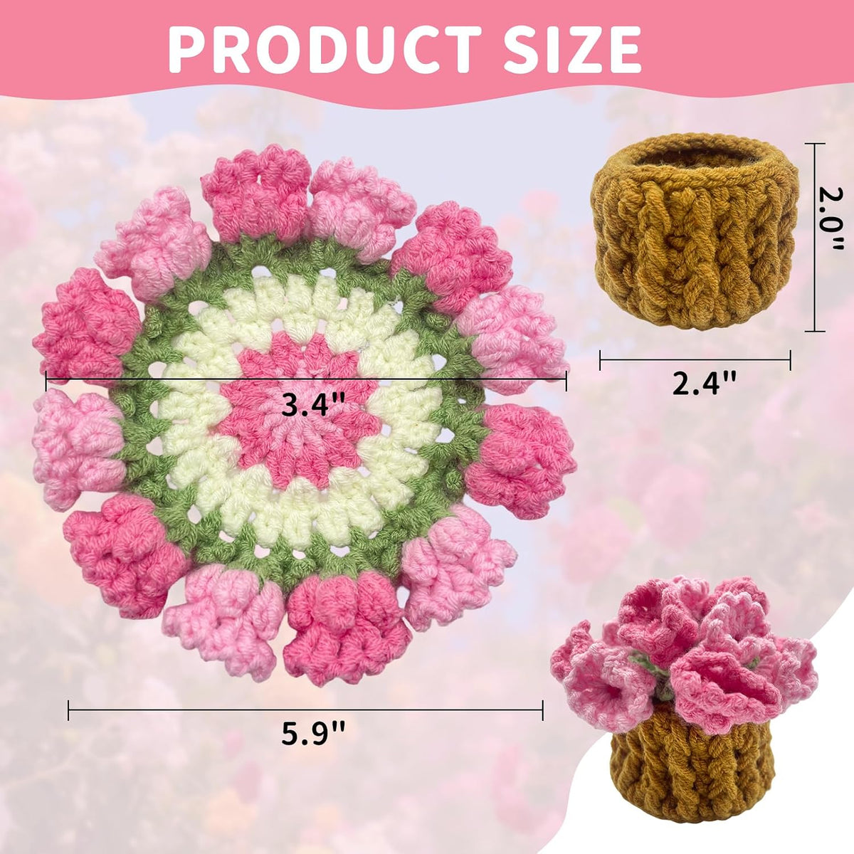 Pink Flower Crochet Coasters, Handmade Bouquet Blanket Coaster with Crochet Plant Pot Fun Soft Decorative Drink Coasters for Coffee Tabletop Protection and Home Decor