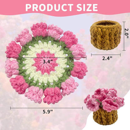 Pink Flower Crochet Coasters, Handmade Bouquet Blanket Coaster with Crochet Plant Pot Fun Soft Decorative Drink Coasters for Coffee Tabletop Protection and Home Decor