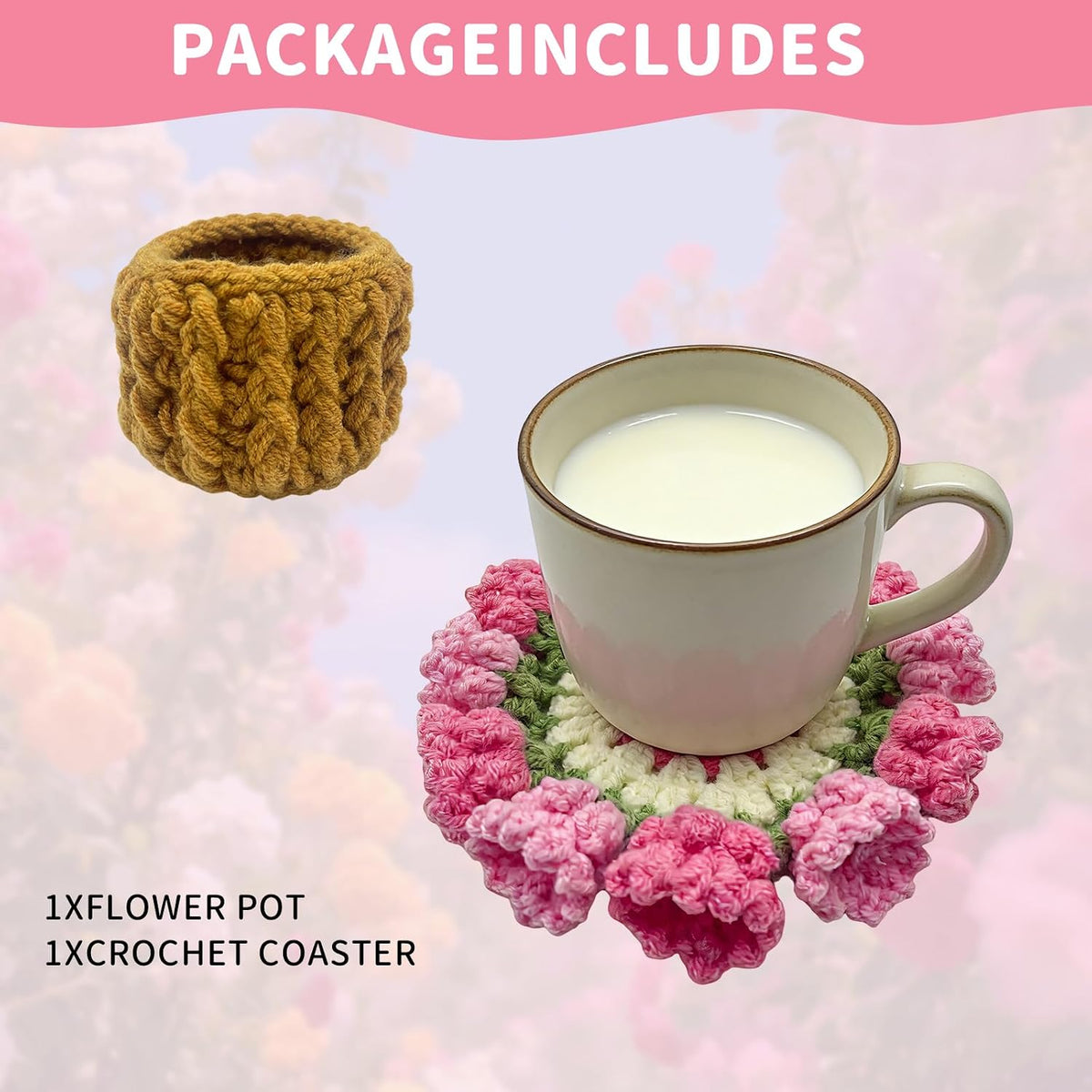 Pink Flower Crochet Coasters, Handmade Bouquet Blanket Coaster with Crochet Plant Pot Fun Soft Decorative Drink Coasters for Coffee Tabletop Protection and Home Decor