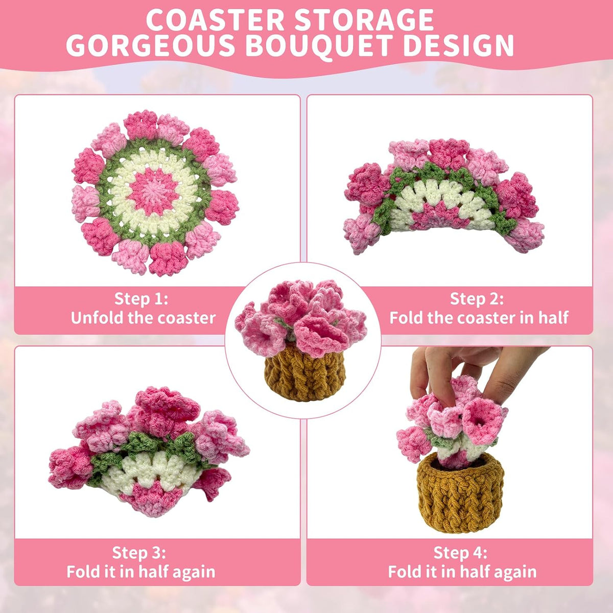 Pink Flower Crochet Coasters, Handmade Bouquet Blanket Coaster with Crochet Plant Pot Fun Soft Decorative Drink Coasters for Coffee Tabletop Protection and Home Decor