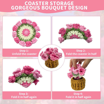 Pink Flower Crochet Coasters, Handmade Bouquet Blanket Coaster with Crochet Plant Pot Fun Soft Decorative Drink Coasters for Coffee Tabletop Protection and Home Decor