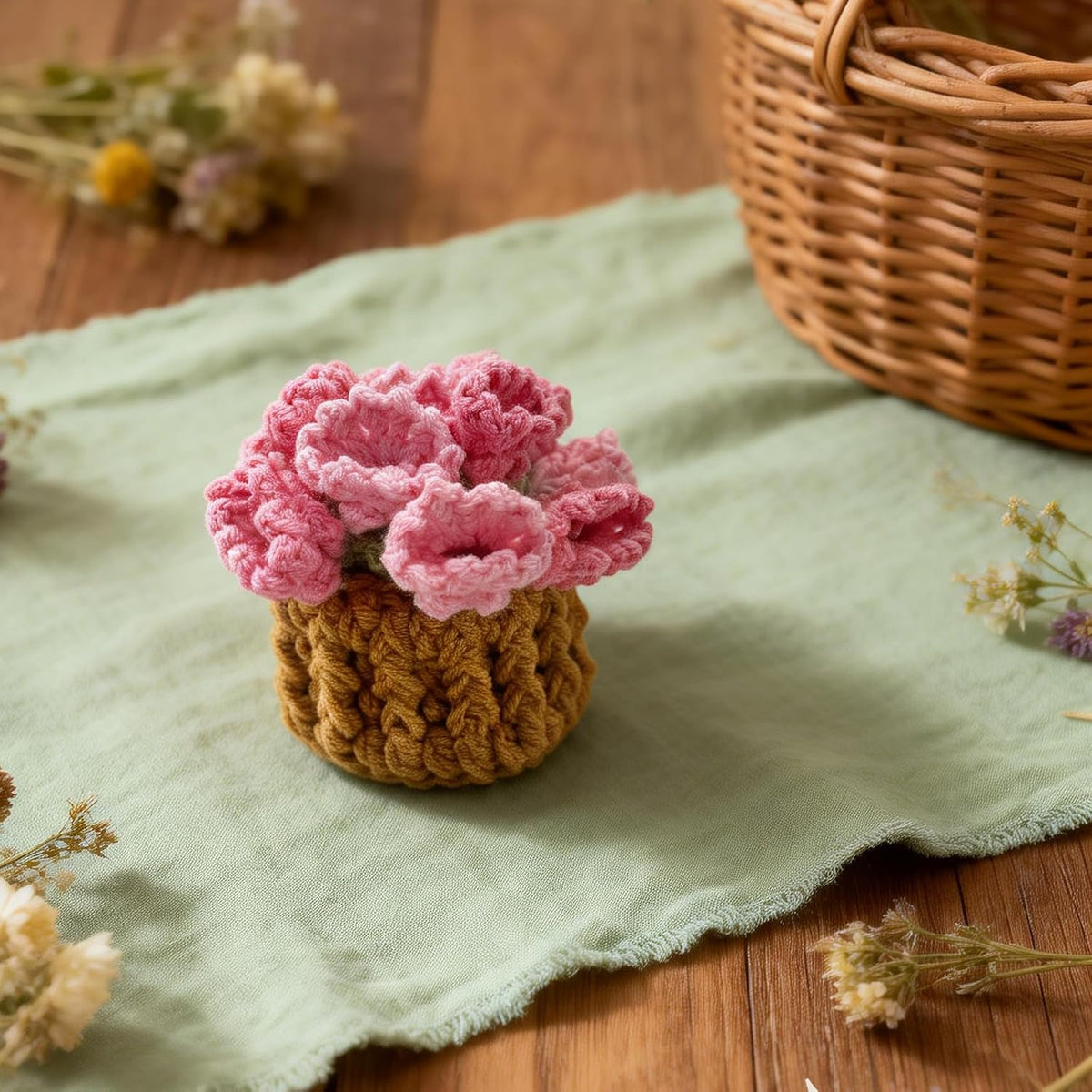 Pink Flower Crochet Coasters, Handmade Bouquet Blanket Coaster with Crochet Plant Pot Fun Soft Decorative Drink Coasters for Coffee Tabletop Protection and Home Decor