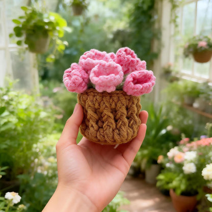 Pink Flower Crochet Coasters, Handmade Bouquet Blanket Coaster with Crochet Plant Pot Fun Soft Decorative Drink Coasters for Coffee Tabletop Protection and Home Decor