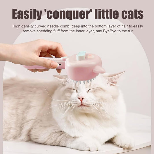 4-in-1 Pet Steam Brush With Handle for Longhair & Shorthair Cats & Dogs - Rubber Spray Brush With Release Button, Dog Comb and Cleaner (Pink)