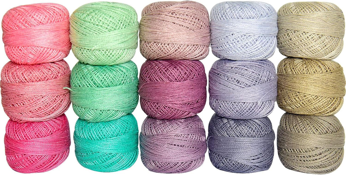 Soft 15 Colors Crochet Thread Double Mercerized Egyptian Long Staple Cotton Pearl Thread Ball 15Pack,100% Cotton (Pink-Mint Pastel)