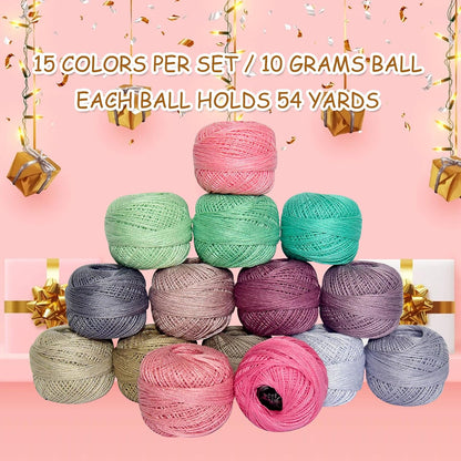 Soft 15 Colors Crochet Thread Double Mercerized Egyptian Long Staple Cotton Pearl Thread Ball 15Pack,100% Cotton (Pink-Mint Pastel)