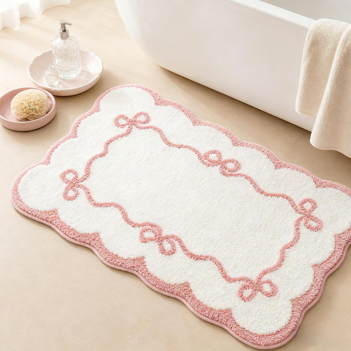 Pink Scalloped Bow Bathroom Rug - 20x32 Inch Cute Coquette & Preppy Bath Mat for Apartment, Vanity & Dorm, Soft Plush Microfiber Mat, Non-Slip & Washable