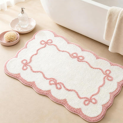 Pink Scalloped Bow Bathroom Rug - 20x32 Inch Cute Coquette & Preppy Bath Mat for Apartment, Vanity & Dorm, Soft Plush Microfiber Mat, Non-Slip & Washable