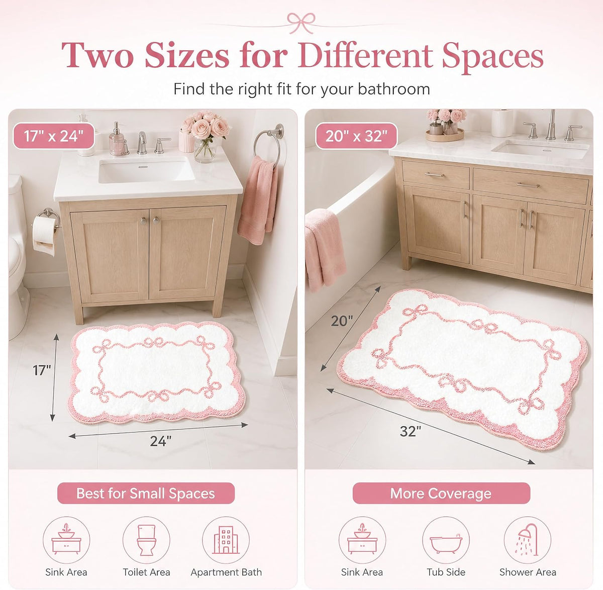 Pink Scalloped Bow Bathroom Rug - 20x32 Inch Cute Coquette & Preppy Bath Mat for Apartment, Vanity & Dorm, Soft Plush Microfiber Mat, Non-Slip & Washable