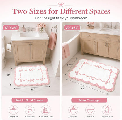 Pink Scalloped Bow Bathroom Rug - 20x32 Inch Cute Coquette & Preppy Bath Mat for Apartment, Vanity & Dorm, Soft Plush Microfiber Mat, Non-Slip & Washable