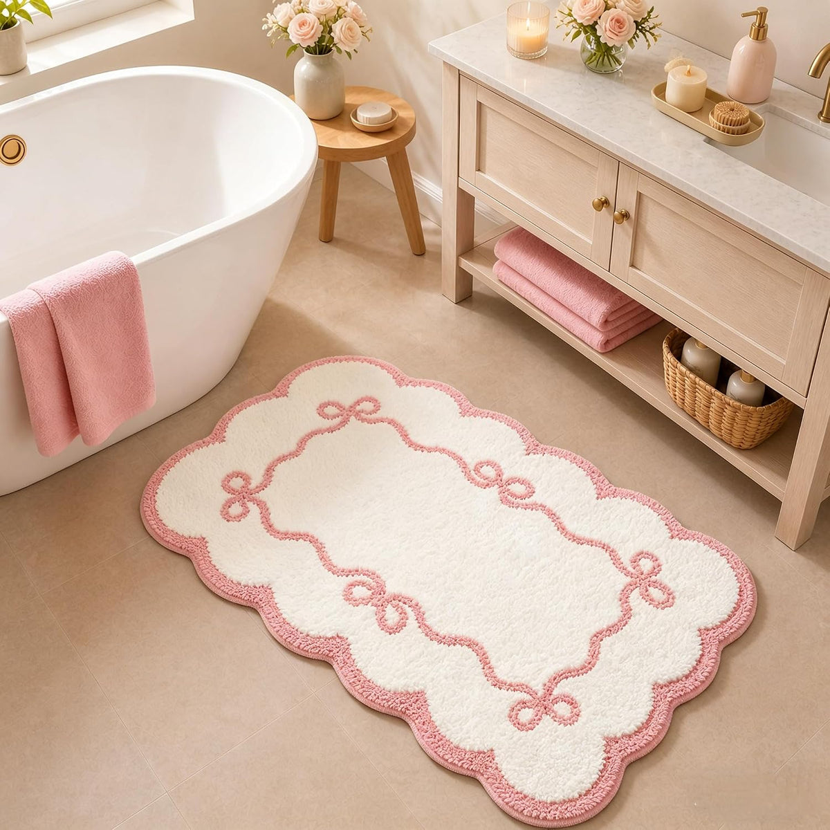 Pink Scalloped Bow Bathroom Rug - 20x32 Inch Cute Coquette & Preppy Bath Mat for Apartment, Vanity & Dorm, Soft Plush Microfiber Mat, Non-Slip & Washable