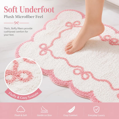 Pink Scalloped Bow Bathroom Rug - 20x32 Inch Cute Coquette & Preppy Bath Mat for Apartment, Vanity & Dorm, Soft Plush Microfiber Mat, Non-Slip & Washable