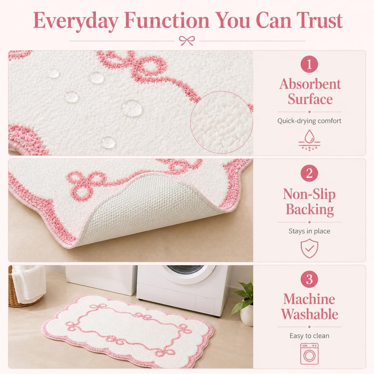Pink Scalloped Bow Bathroom Rug - 20x32 Inch Cute Coquette & Preppy Bath Mat for Apartment, Vanity & Dorm, Soft Plush Microfiber Mat, Non-Slip & Washable