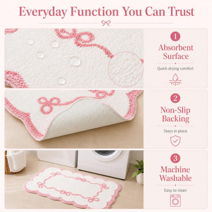 Pink Scalloped Bow Bathroom Rug - 20x32 Inch Cute Coquette & Preppy Bath Mat for Apartment, Vanity & Dorm, Soft Plush Microfiber Mat, Non-Slip & Washable