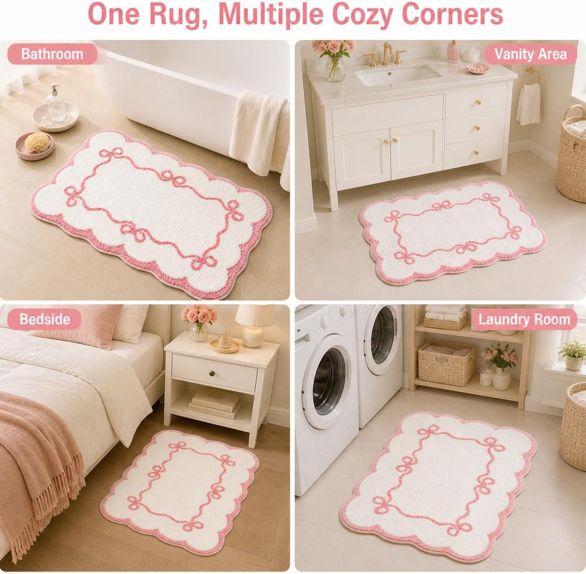 Pink Scalloped Bow Bathroom Rug - 20x32 Inch Cute Coquette & Preppy Bath Mat for Apartment, Vanity & Dorm, Soft Plush Microfiber Mat, Non-Slip & Washable