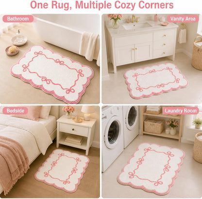 Pink Scalloped Bow Bathroom Rug - 20x32 Inch Cute Coquette & Preppy Bath Mat for Apartment, Vanity & Dorm, Soft Plush Microfiber Mat, Non-Slip & Washable