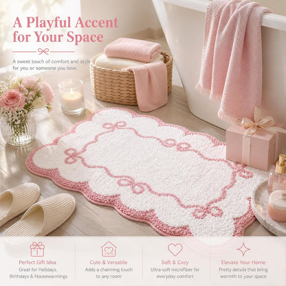 Pink Scalloped Bow Bathroom Rug - 20x32 Inch Cute Coquette & Preppy Bath Mat for Apartment, Vanity & Dorm, Soft Plush Microfiber Mat, Non-Slip & Washable