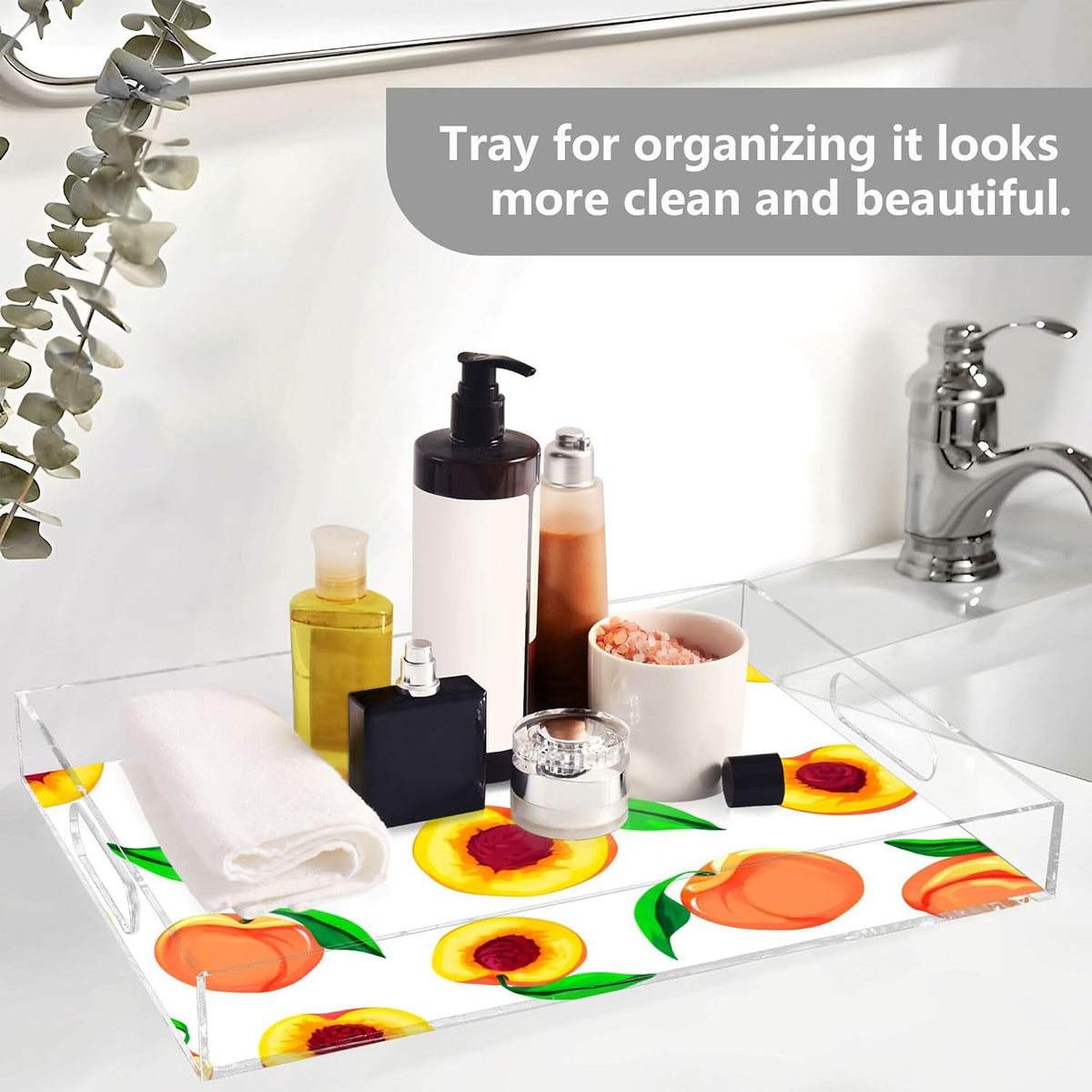 Peaches Serving Tray, 15.7x11.8 Inches Decorative Acrylic Tray with Handles for Breakfast, Coffee Table, Bathroom Organizer, Storage Tray