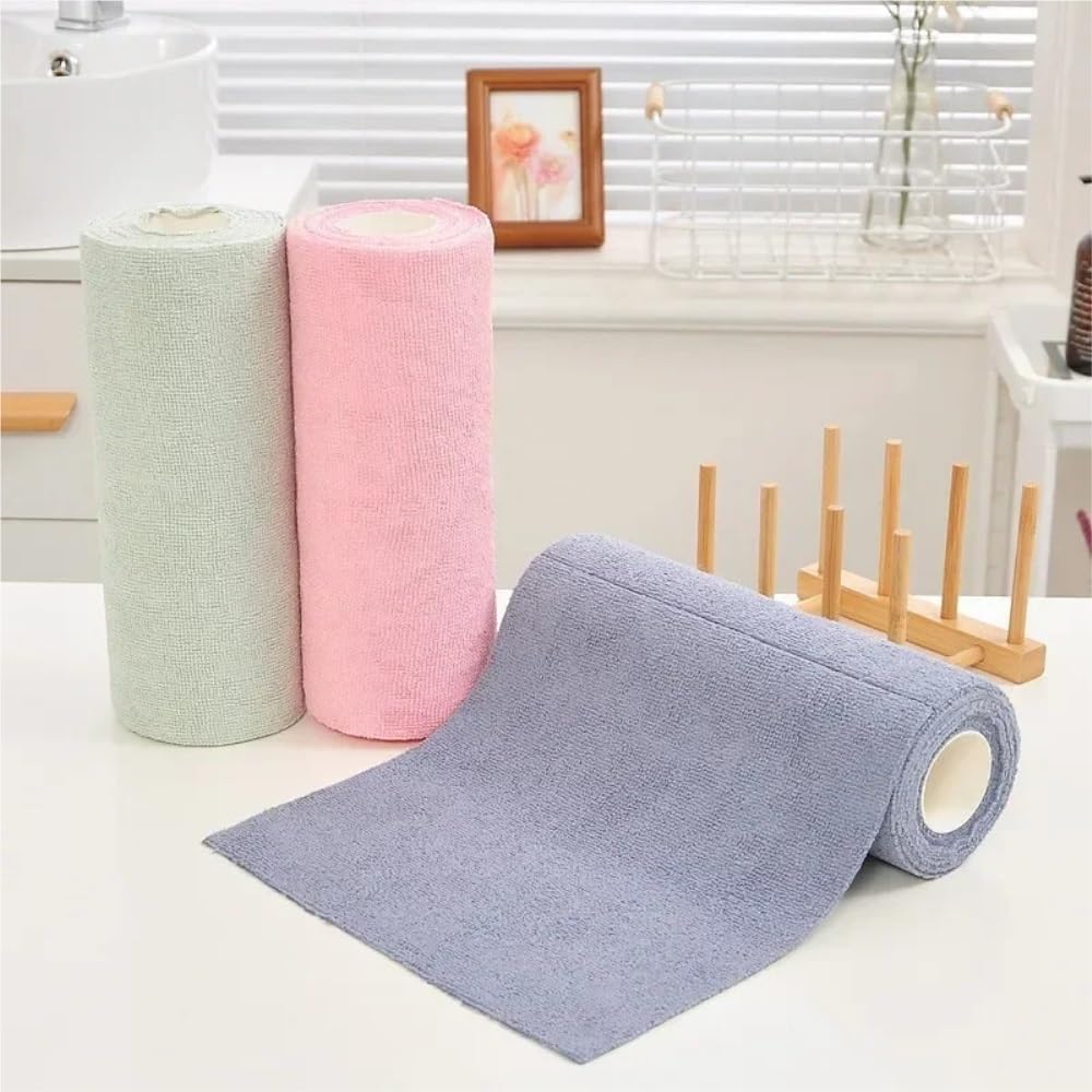 Reusable Cleaning Wipe Household Kitchen Cloth Microfiber Towel Rolls Dish Rags Wash Paper Towel Replacement 1 Roll of 20 Sheets(Pink)