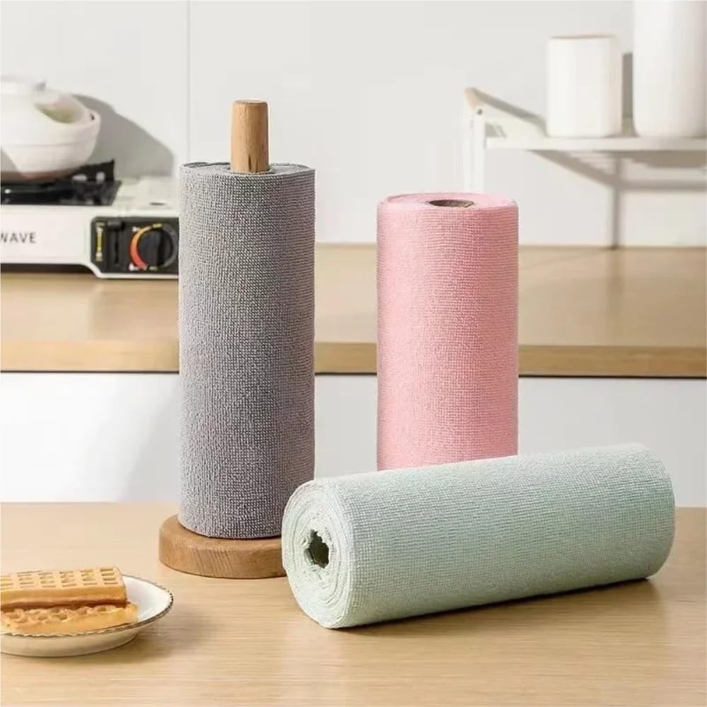 Reusable Cleaning Wipe Household Kitchen Cloth Microfiber Towel Rolls Dish Rags Wash Paper Towel Replacement 1 Roll of 20 Sheets(Pink)