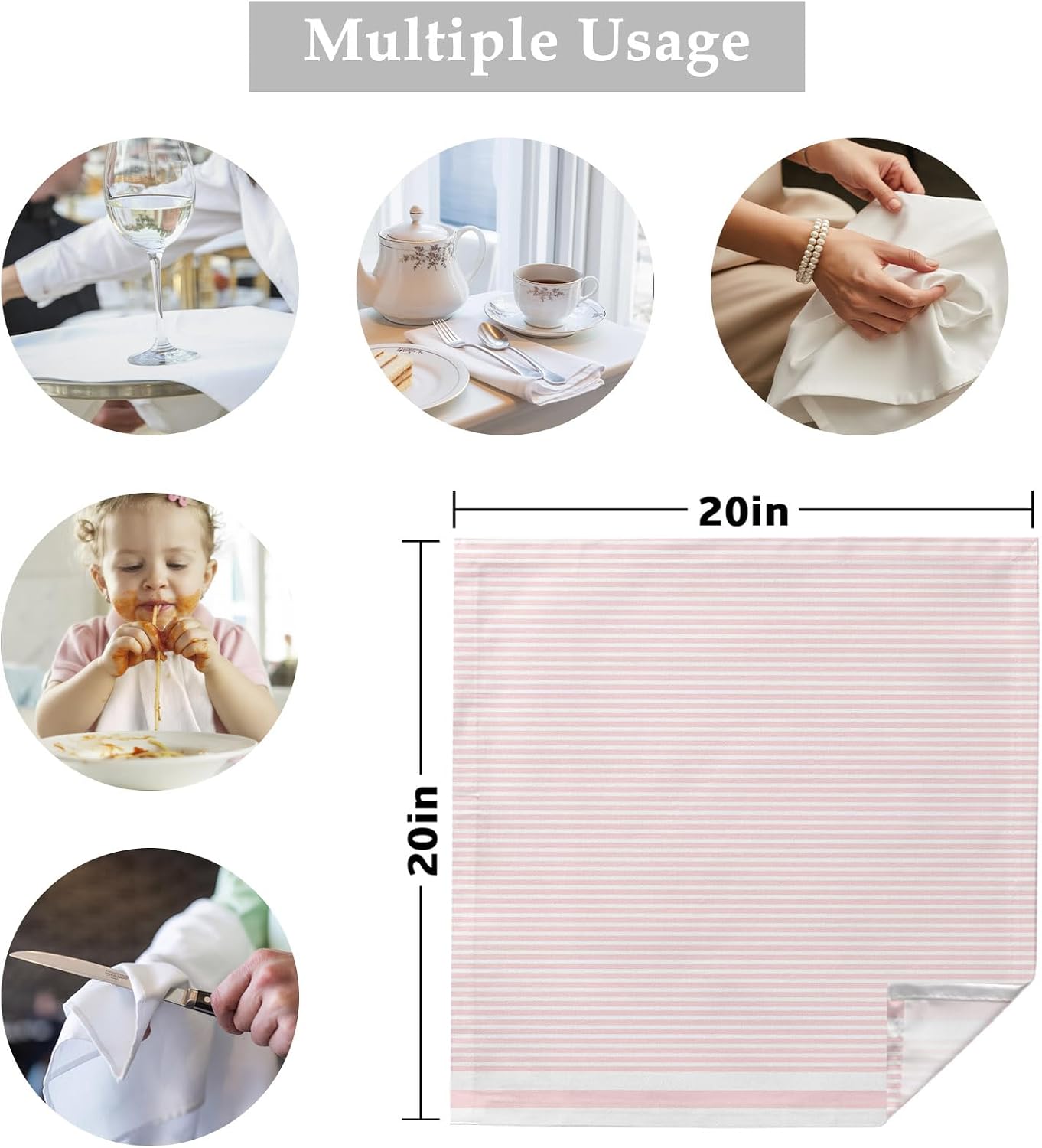 Cloth Napkins 20 x 20 Inch Pink Stripe Soft Absorbent Dinner Napkins Stripe Pink White Washable Reusable Kitchen Napkin Sets for Parties Wedding Restaurant Hotel