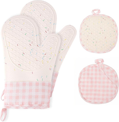 Silicone Confetti Oven Mitts and Pot Holders Set, Heat Resistant Non-Slip Kitchen Baking Accessories with Cotton Lining, 4 Piece Matching Set for Cooking, Pink Gingham