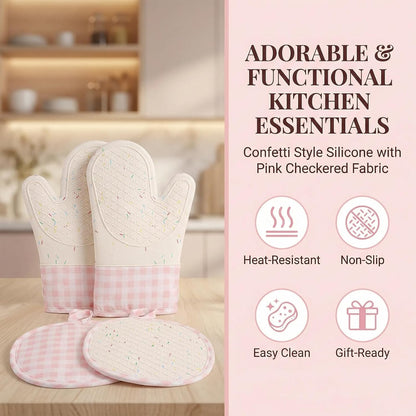 Silicone Confetti Oven Mitts and Pot Holders Set, Heat Resistant Non-Slip Kitchen Baking Accessories with Cotton Lining, 4 Piece Matching Set for Cooking, Pink Gingham