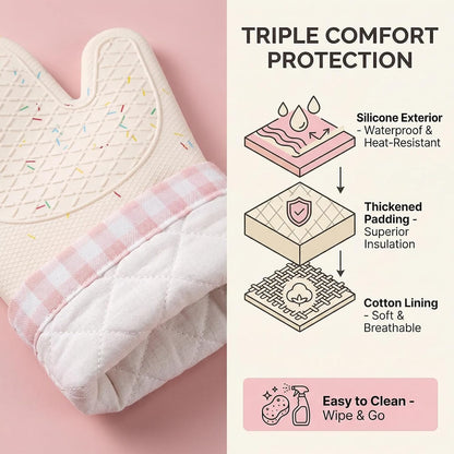 Silicone Confetti Oven Mitts and Pot Holders Set, Heat Resistant Non-Slip Kitchen Baking Accessories with Cotton Lining, 4 Piece Matching Set for Cooking, Pink Gingham