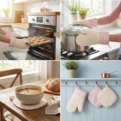 Silicone Confetti Oven Mitts and Pot Holders Set, Heat Resistant Non-Slip Kitchen Baking Accessories with Cotton Lining, 4 Piece Matching Set for Cooking, Pink Gingham
