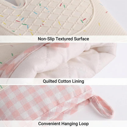 Silicone Confetti Oven Mitts and Pot Holders Set, Heat Resistant Non-Slip Kitchen Baking Accessories with Cotton Lining, 4 Piece Matching Set for Cooking, Pink Gingham
