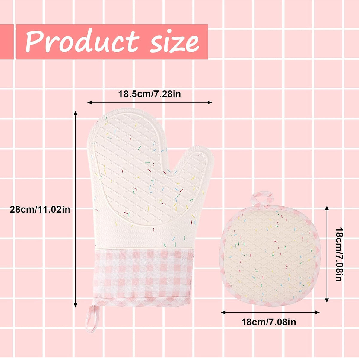 Silicone Confetti Oven Mitts and Pot Holders Set, Heat Resistant Non-Slip Kitchen Baking Accessories with Cotton Lining, 4 Piece Matching Set for Cooking, Pink Gingham