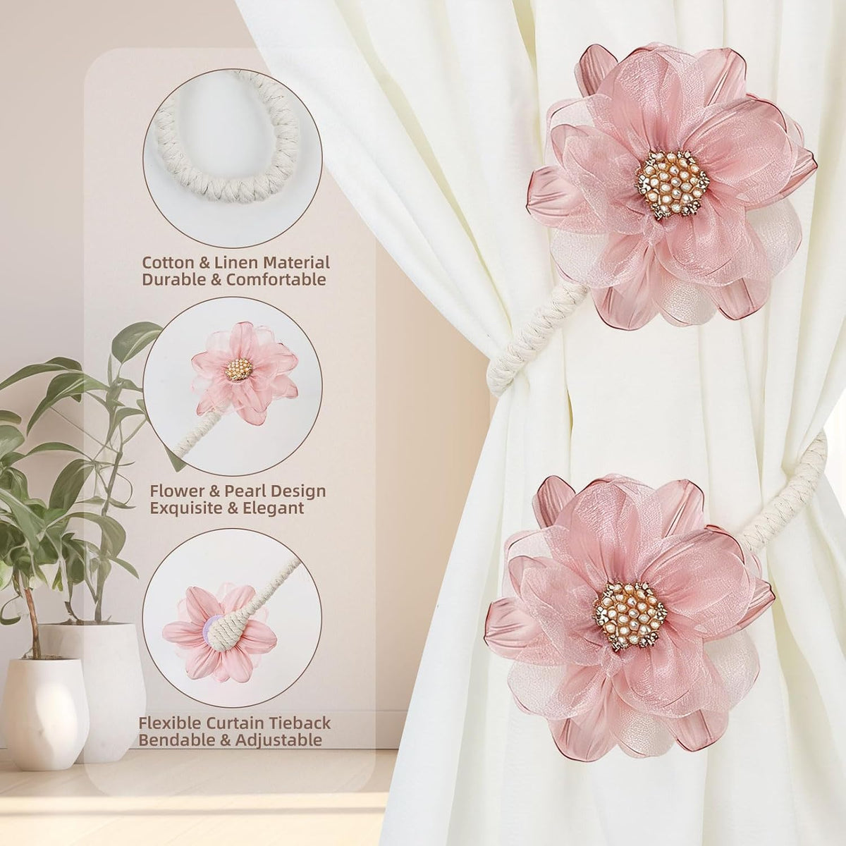 Flower Curtain Holdbacks Tiebacks for Drapes Curtain Ties 2 Pack