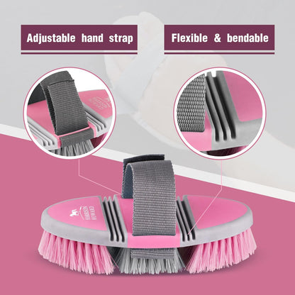 Flexible Finish Horse Grooming Brush - Bendable, Comfortable Hold, Cherry Pink
