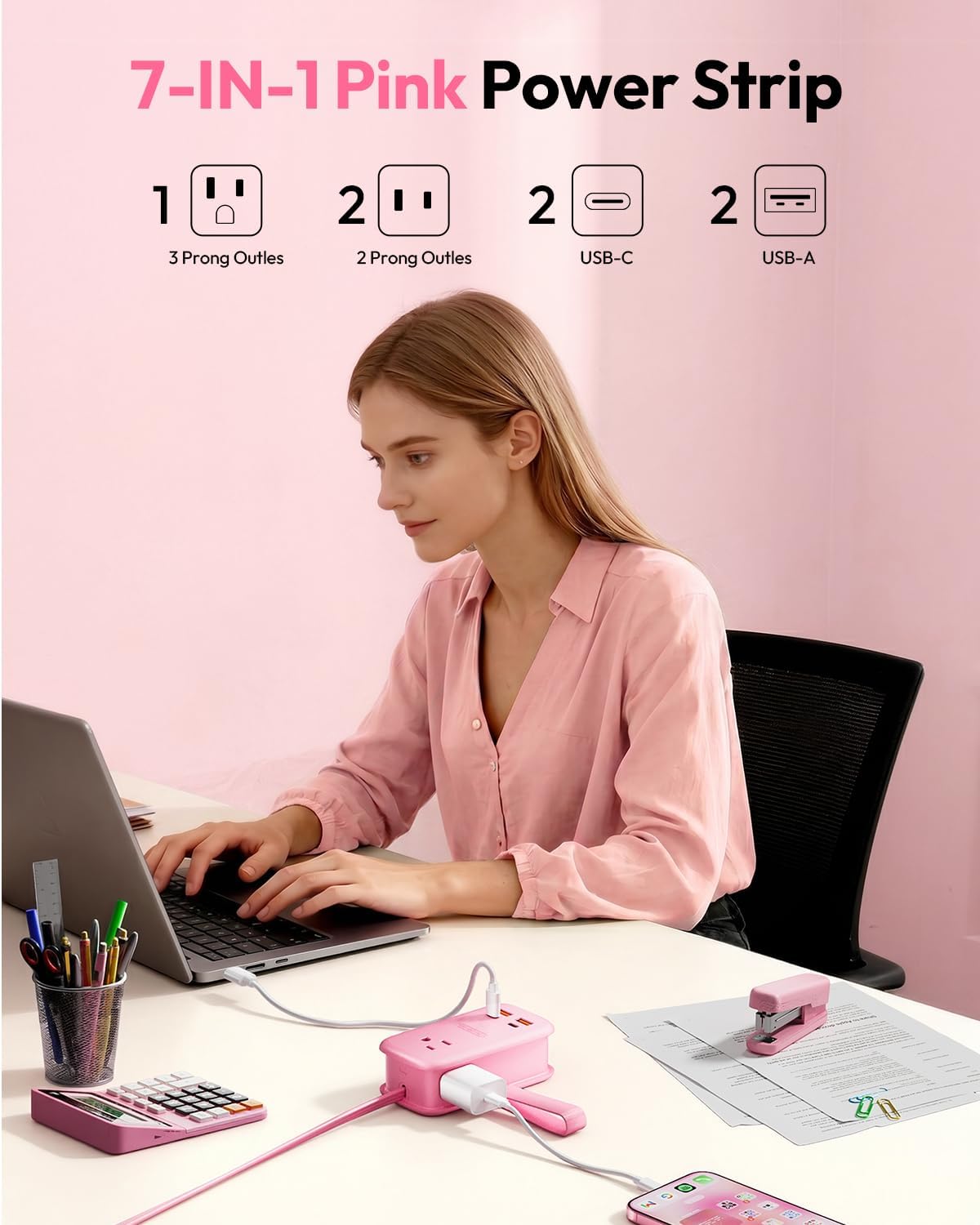 GAN Ultra 65W Pink Fast Charging Station, Travel Power Strip with 3 Outlets 4 USB (2 USB C), Pink Extension Cord 4Ft, Kawaii Cute Accessories Compatible with MacBook, iPhone