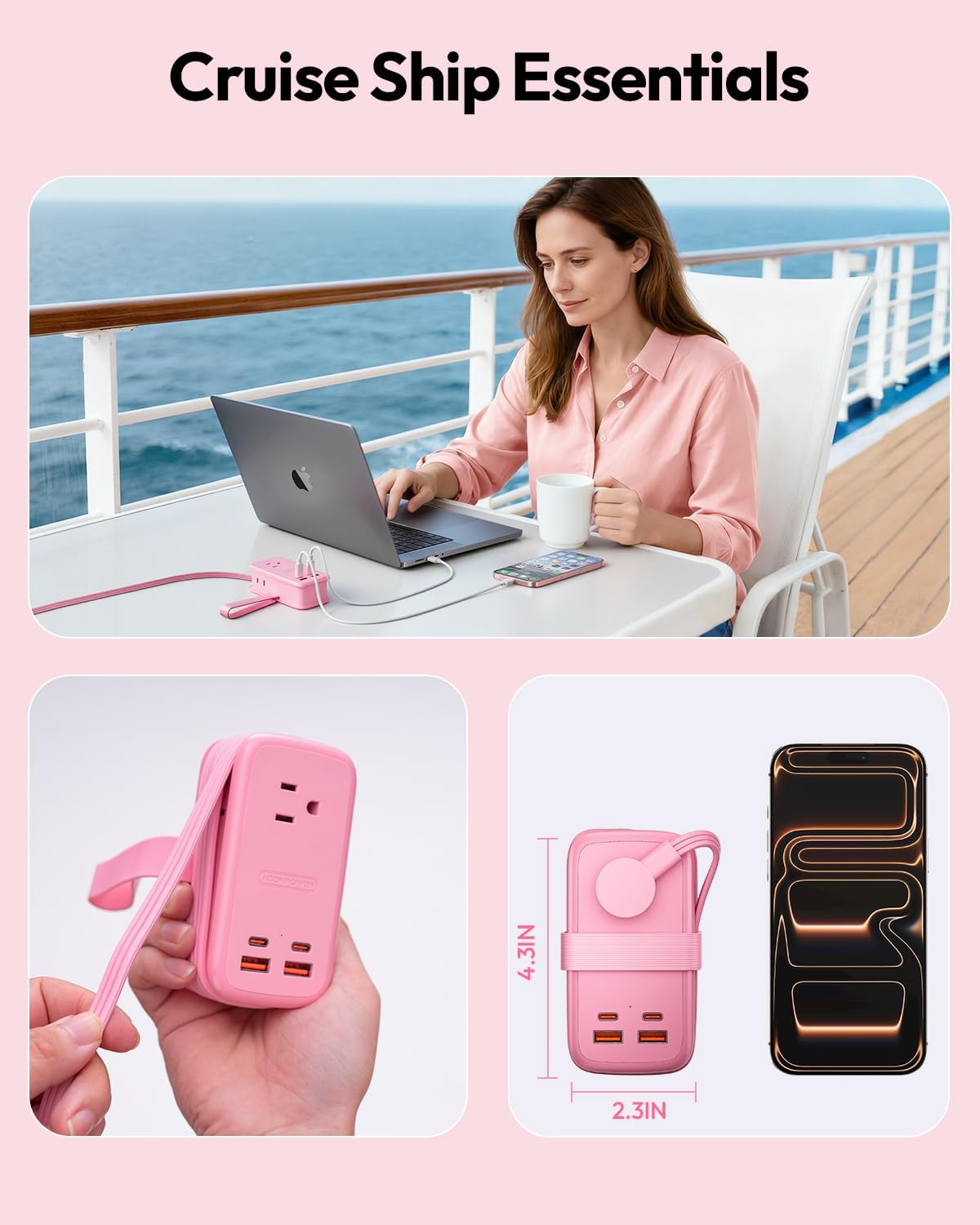 GAN Ultra 65W Pink Fast Charging Station, Travel Power Strip with 3 Outlets 4 USB (2 USB C), Pink Extension Cord 4Ft, Kawaii Cute Accessories Compatible with MacBook, iPhone
