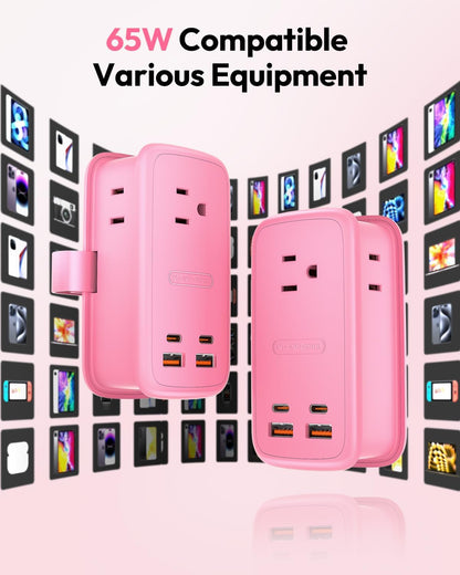 GAN Ultra 65W Pink Fast Charging Station, Travel Power Strip with 3 Outlets 4 USB (2 USB C), Pink Extension Cord 4Ft, Kawaii Cute Accessories Compatible with MacBook, iPhone